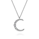 21K White Gold Graduating Diamond Moon Pendant Necklace