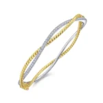 21K White-Yellow Twisted Rope and Diamond Bangle - Image 3