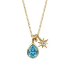 21K Yellow Gold Blue Topaz and Diamond Teardrop Pendant Necklace - Image 2