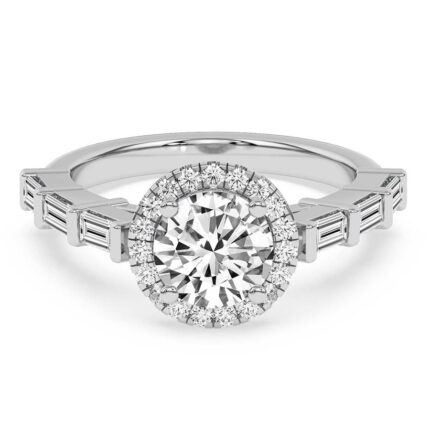 White Gold Rachel Halo Side Stone Lab Diamond Ring