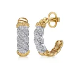 Bujukan Pave - 21K White Yellow Gold Bujukan Diamond J Hoop Stud Earrings