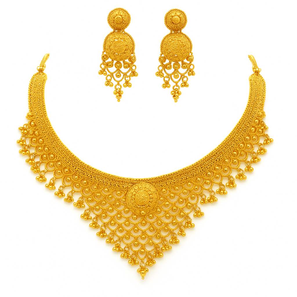 123 21Kt Traditional Gold Necklace Set with Matching Earrings - Image 1